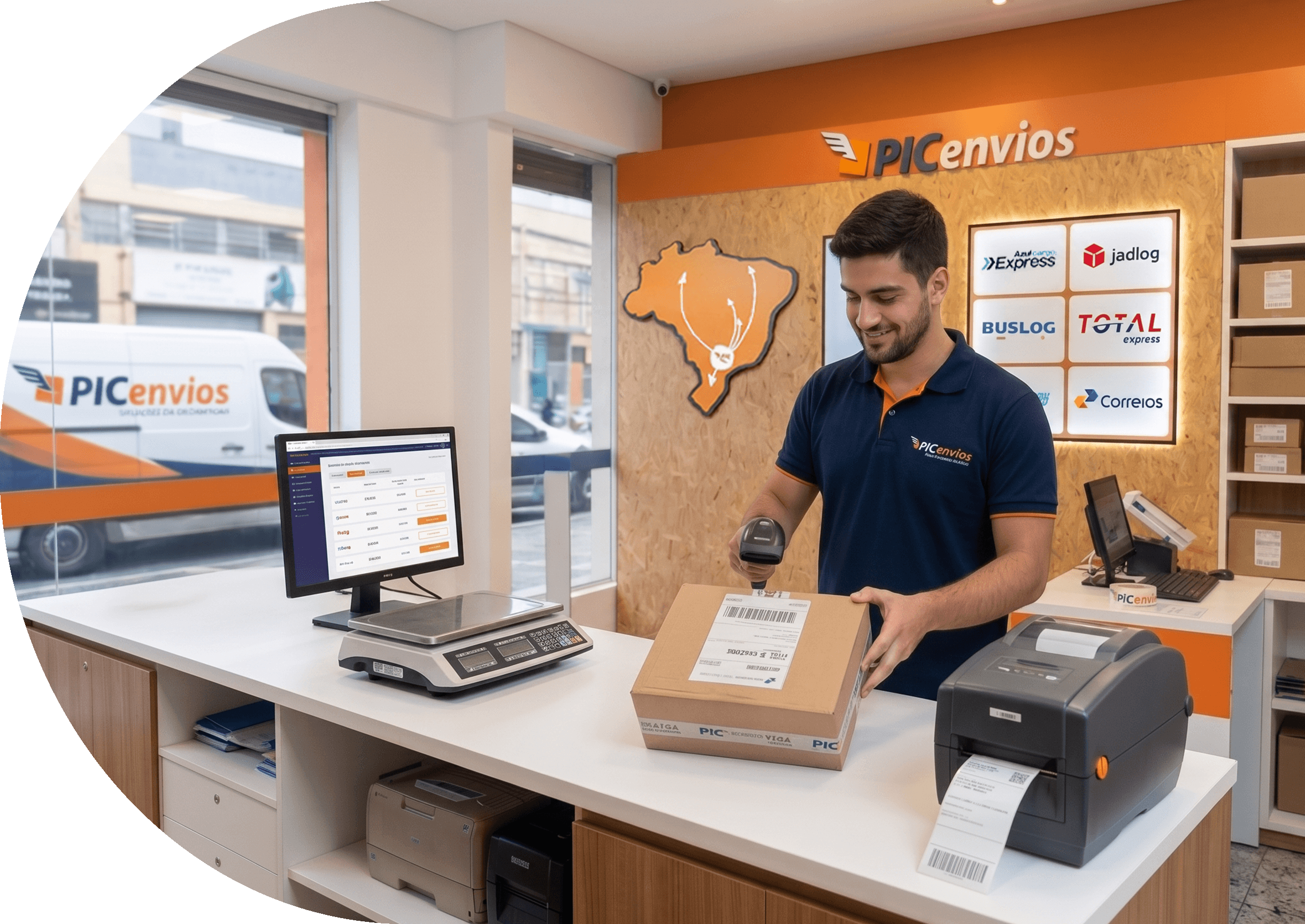 Entregador da Pic Envios utilizando coletor em centro logístico