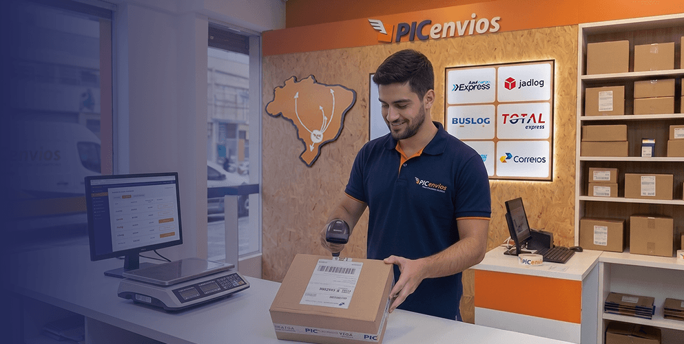 Entregador da Pic Envios utilizando coletor em centro logístico
